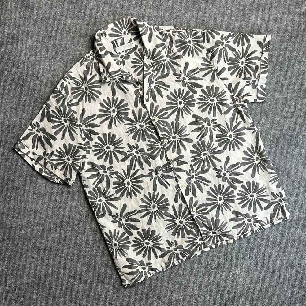 Zara Boys Floral Camp Collar Shirt Size 13-14 Black White Short Sleeve Button Up